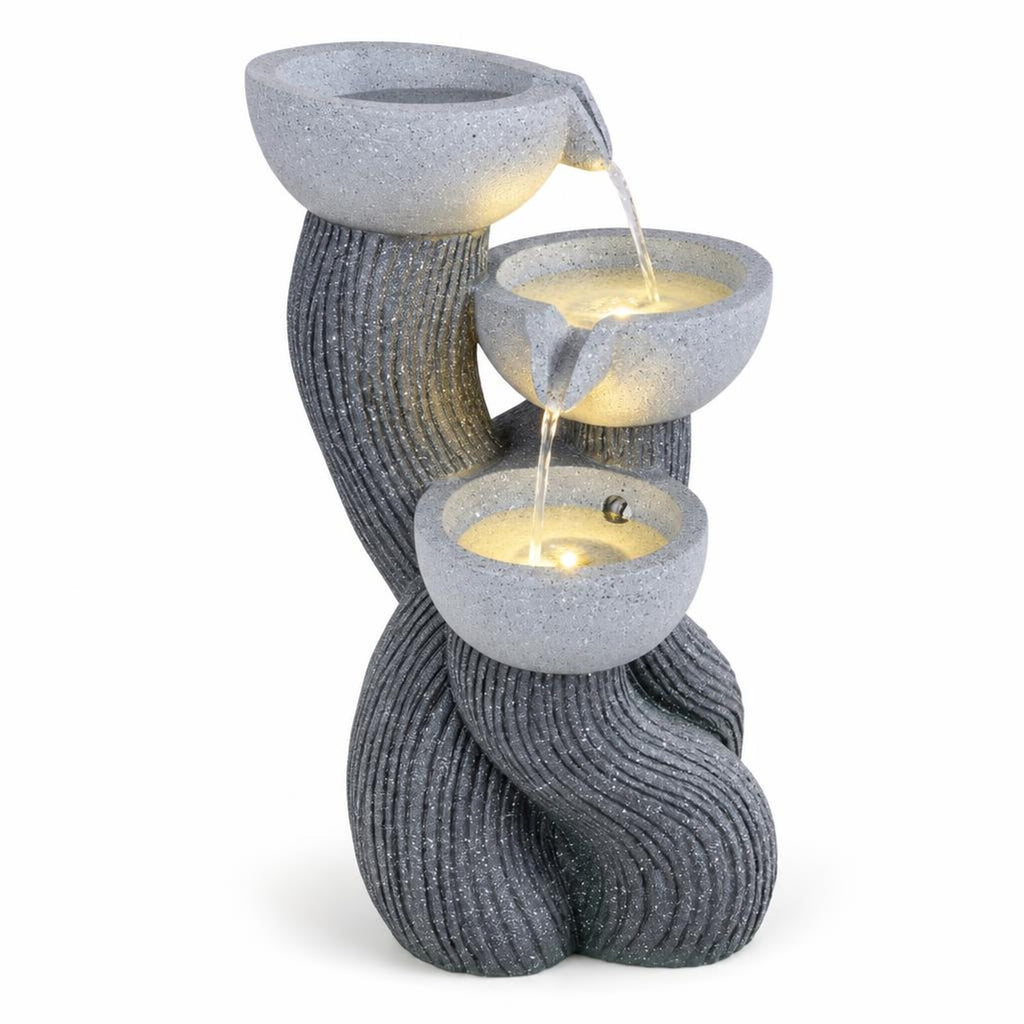 Airfind 3-Tier Outdoor Water Fountain with LED Lights 18.5 Inch H for Patio Deck, Resin Fiberglass Frame, Gray