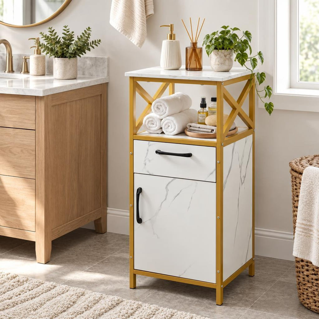 Airfind Bathroom Storage Cabinet with Drawer Single Door and Open Shelf, 44 lbs Capacity, Engineered Wood Metal Frame, 14in x 12in x 31in Footprint