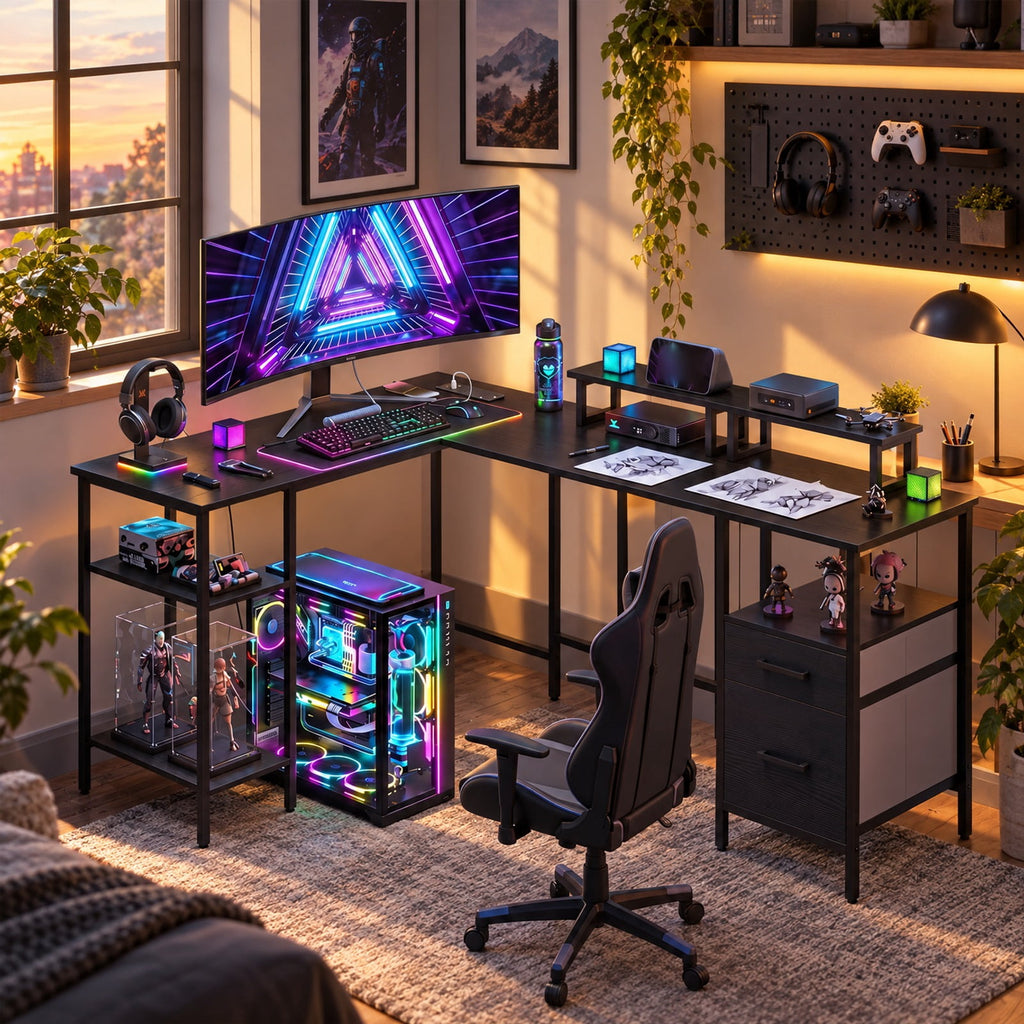Airfind L Shaped Desk with Power Outlet Reversible Computer Desk with Monitor Stands, 155 lbs Capacity, Engineered Wood Metal Fabric Frame, Black
