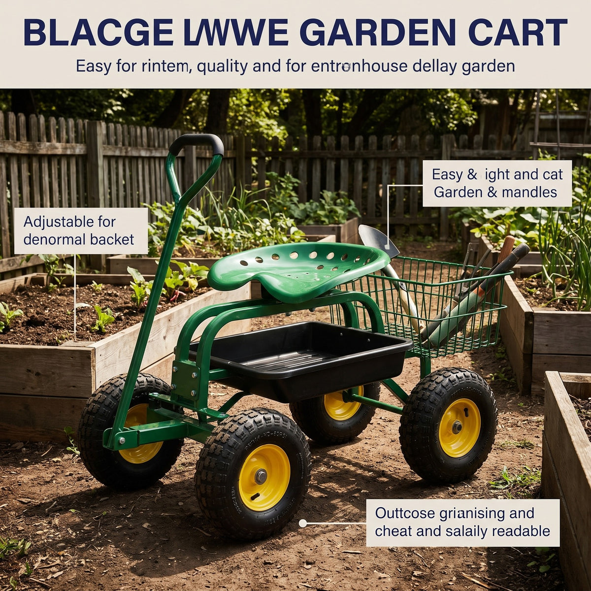 Airfind Red/Green Garden Cart Rolling Work Seat With Heavy Duty Tool Tray Gardening Planting, 33 x 16 x 22 Footprint, Green