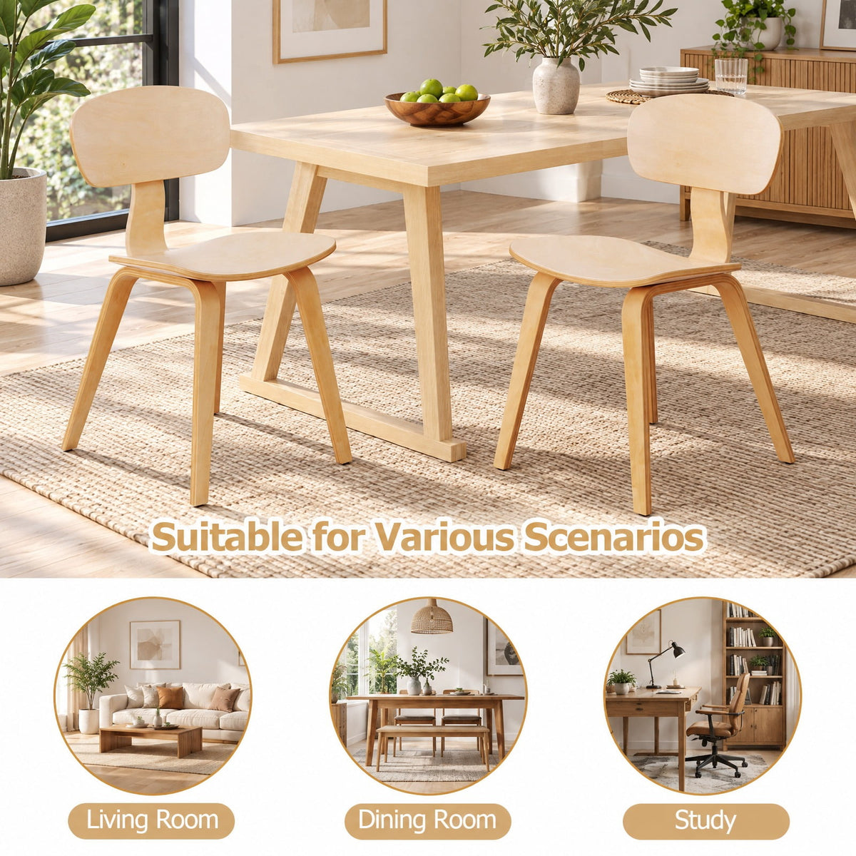 Airfind Modern Dining Chair Set of 2 with Wide Seat, 330 lbs Capacity, Bentwood Rubber Wood Frame, 17in x 20.5in x 31.5in Footprint, Natural