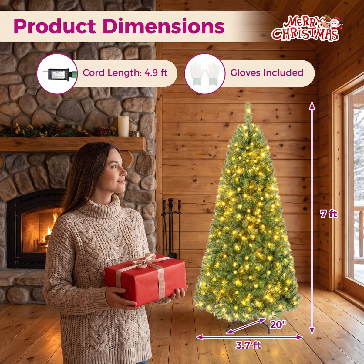 Airfind Pre-Lit Green Artificial Christmas Tree with Full Branch Tips-7 Feet, PVC Metal Frame, Green