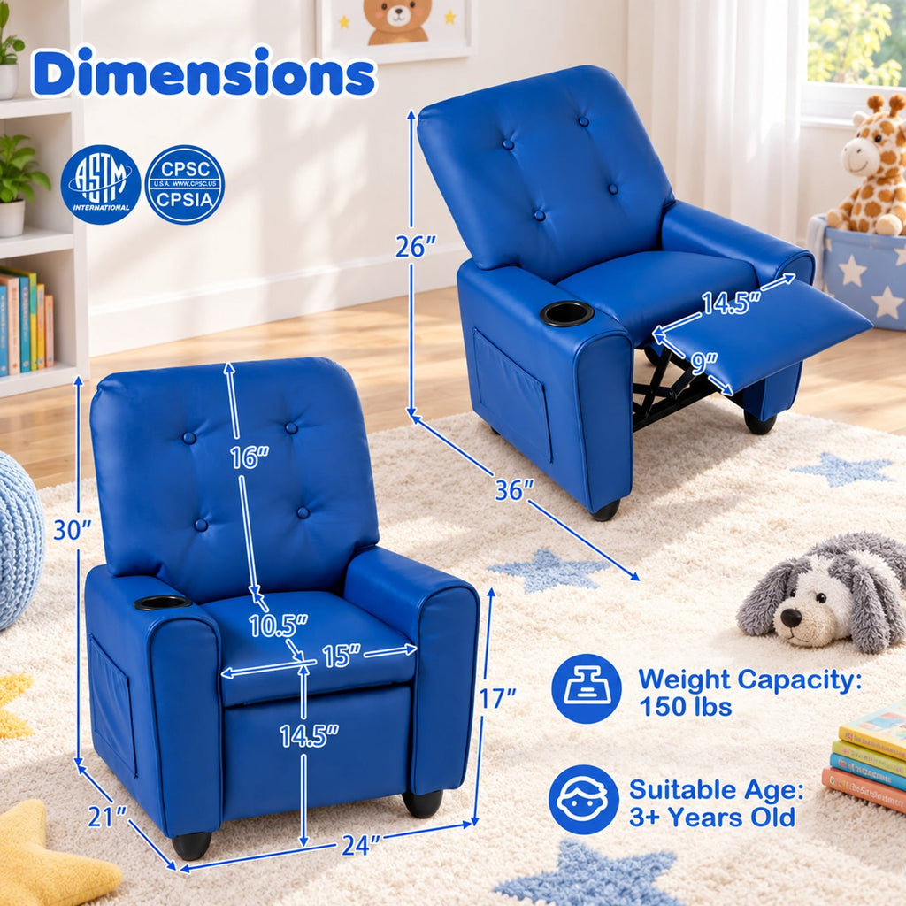 Airfind Youth Recliner Chair with Cup Holder, Side Pocket and Push-back Footrest, PU Upholstery, 24 x 21 x 30 in for Everyday Use, Blue