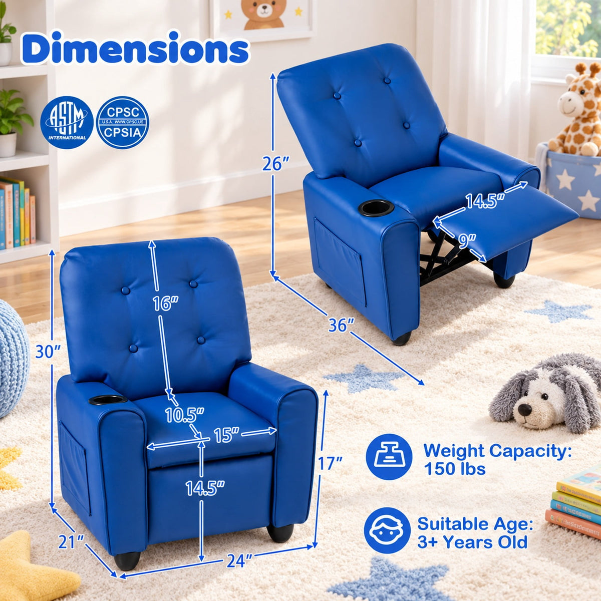Airfind Youth Recliner Chair with Cup Holder, Side Pocket and Push-back Footrest, PU Upholstery, 24 x 21 x 30 in for Everyday Use, Blue