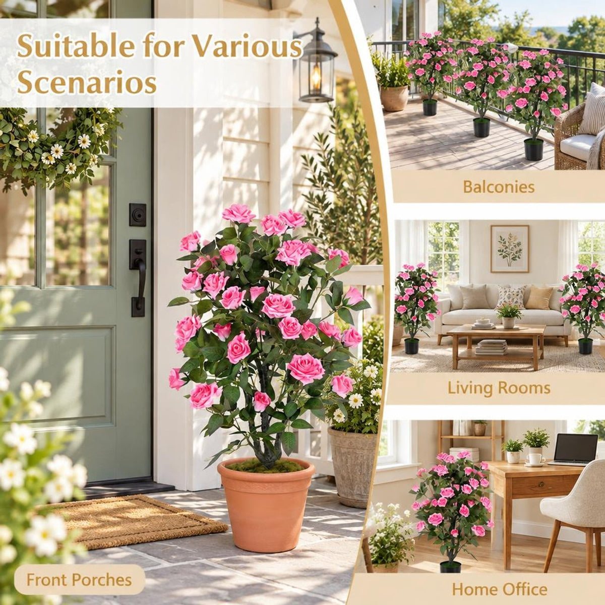 Airfind Artificial Rose Tree, 35.5 Inch, with Blooming Flowers and Leaves for Indoor, Silk Fabric Rubberized Fabric PE PP Tree Height 35.5 Inch Frame, Pink