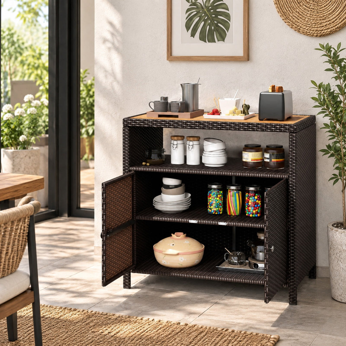 Airfind Rattan Storage Cabinet with Acacia Wood Countertop for Poolside Deck and Patio, 100 lbs Capacity, PE Rattan Acacia Wood Metal Frame, Brown