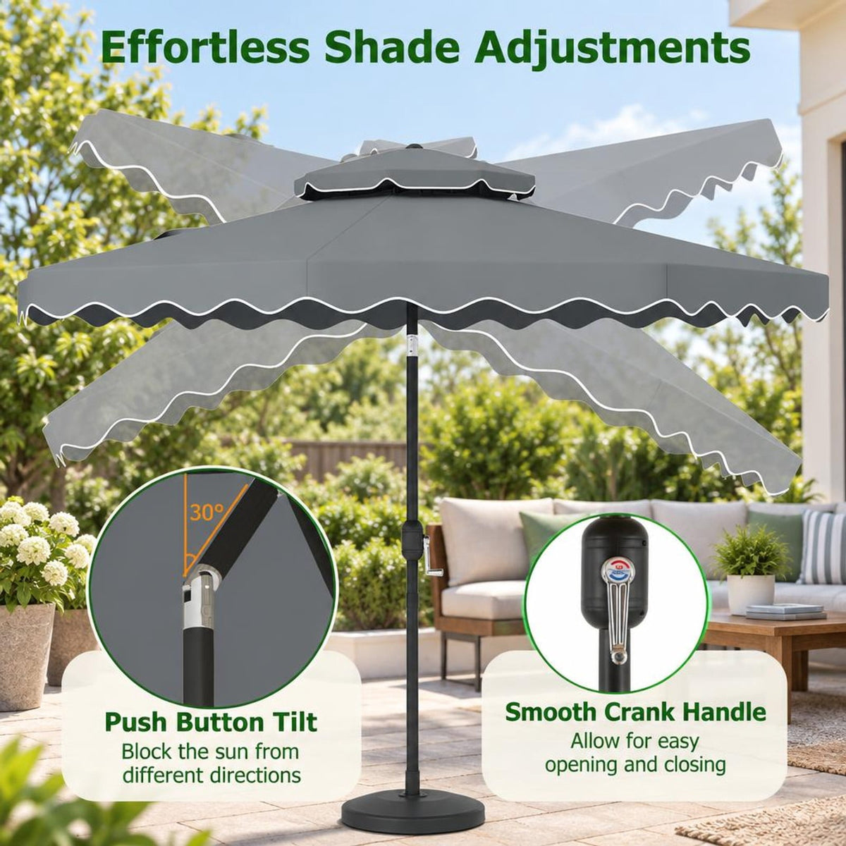 Airfind 9 Feet Patio Umbrella with Push Button Tilt and Crank, Polyester Fabric Metal Frame, 9 x 8.1 ft Footprint, Gray