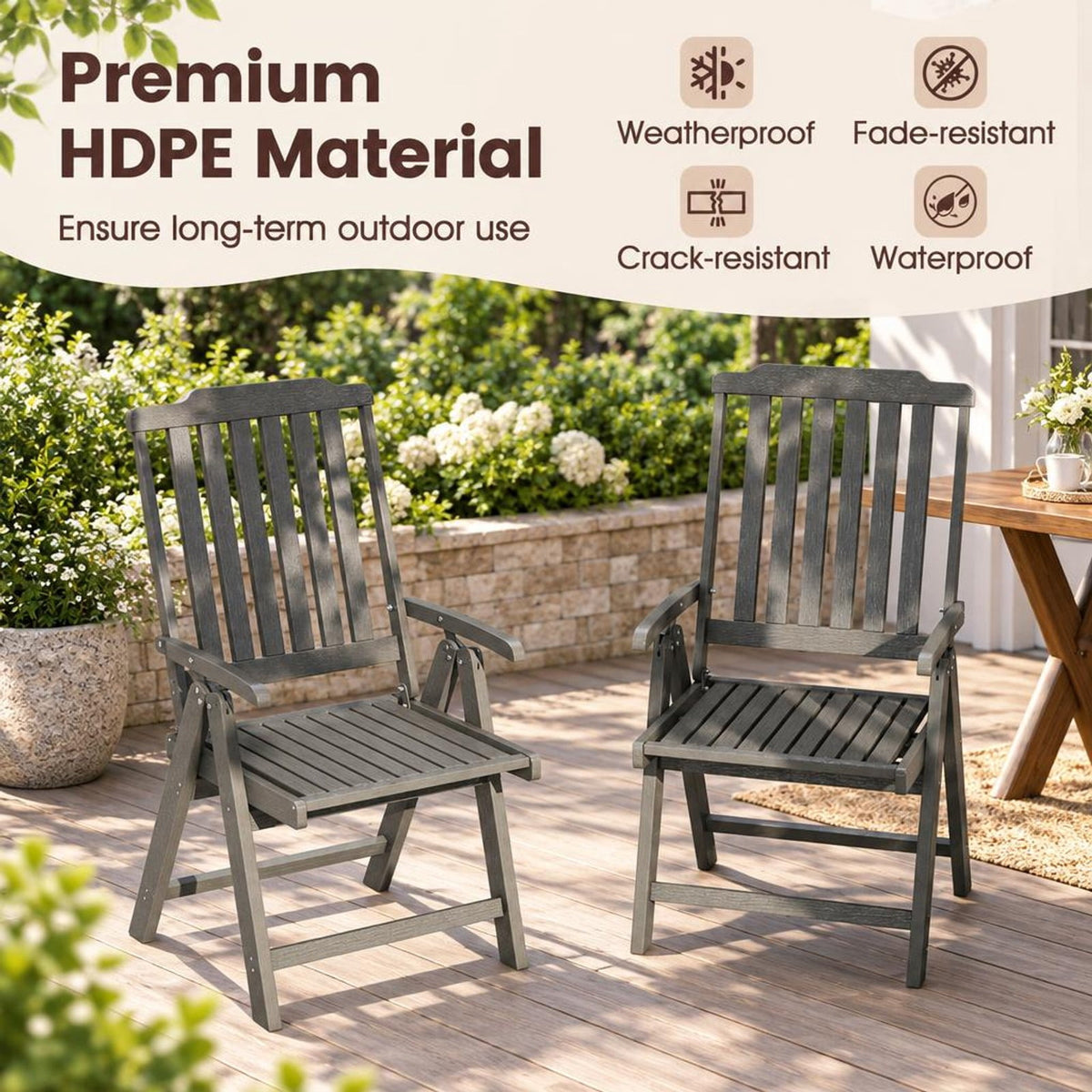 Airfind Foldable Patio Chair All, Weather HDPE Outdoor Dining Chair with Armrest, Gray, The slatted design effectively prevents water accumulation