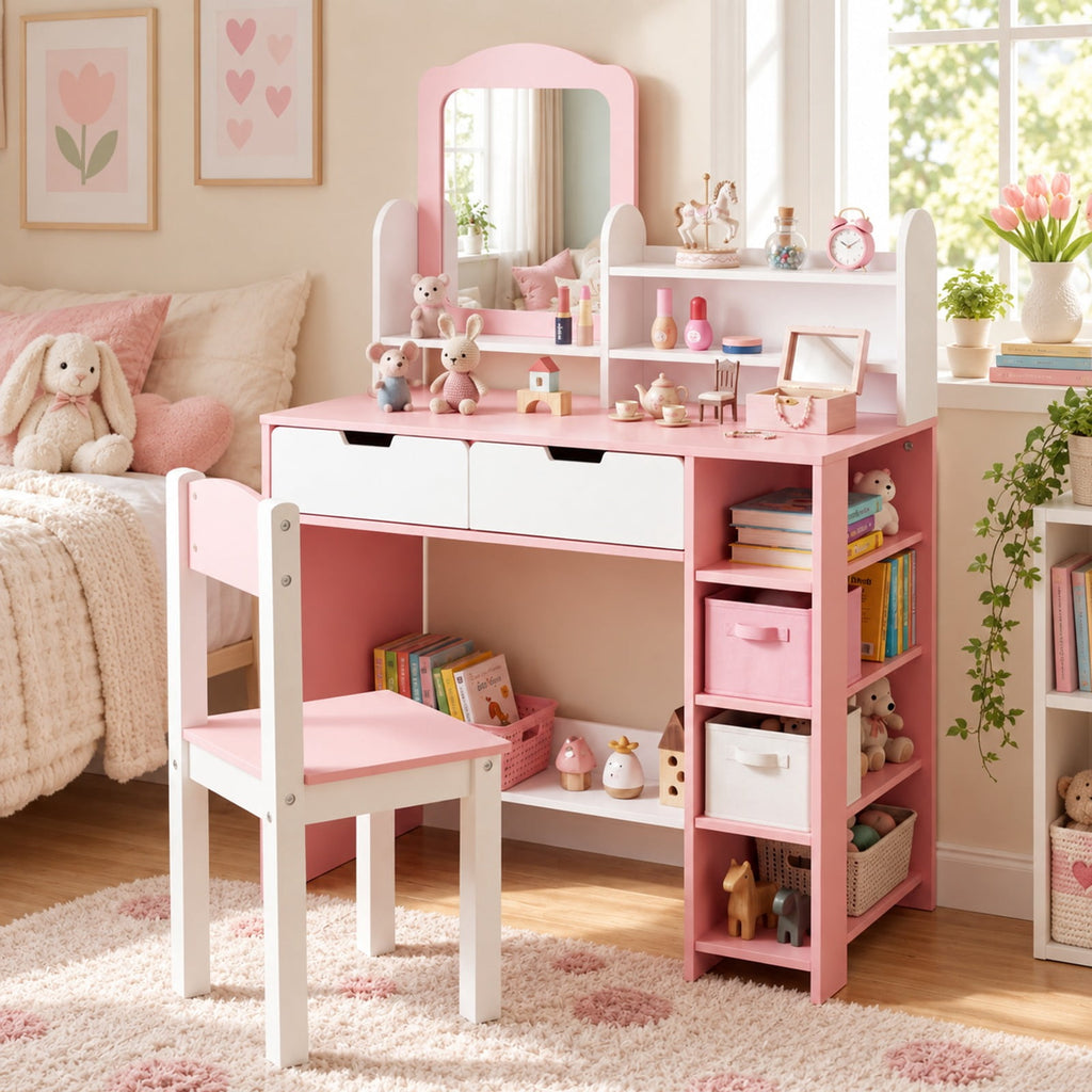Airfind Kids Vanity Set with Chair and Mirror Makeup Dressing Desk with Storage Shelves and Drawers-White and Pink, 200 lbs Capacity, MDF Glass Frame