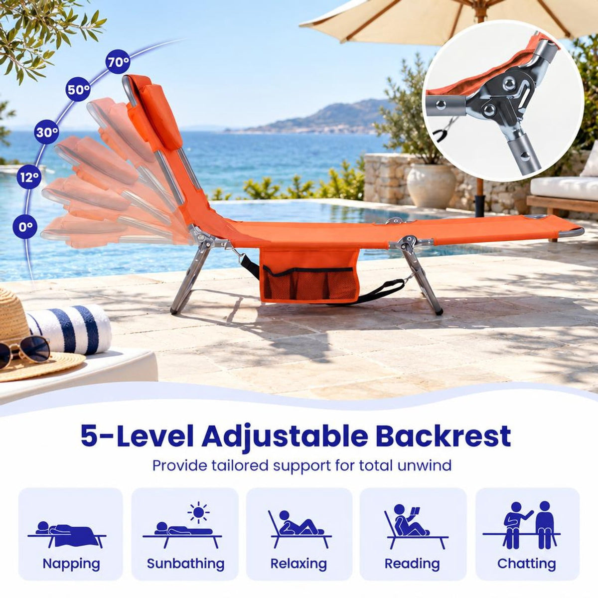 Airfind Folding Beach Lounge Chair with Adjustable Backrest for Lawn, 330 lbs Capacity, Metal Oxford Fabric Polyester Sponge Frame, Orange