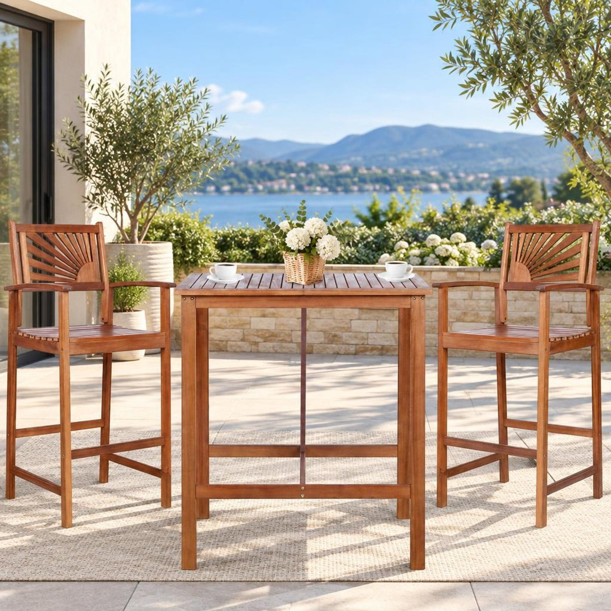 Airfind 3 Pieces Acacia Wood Patio Bar Set with Sunflower Patterned Backrest, Acacia Wood Frame, 21.5 x 19.5 x 47 Footprint, Wood