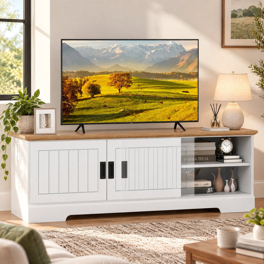 Airfind Farmhouse TV Stand for TVs up to 65 Inch with Sliding Doors and Storage Cabinets, 88 lbs Capacity, Engineered Wood MDF Frame, White