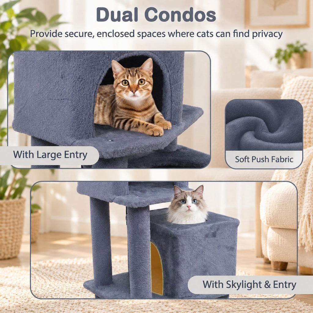Airfind 57 Inch Cat Tree with Dual Condos and Hammock and 2 Dangling Balls, 29 x 16 Footprint, Gray