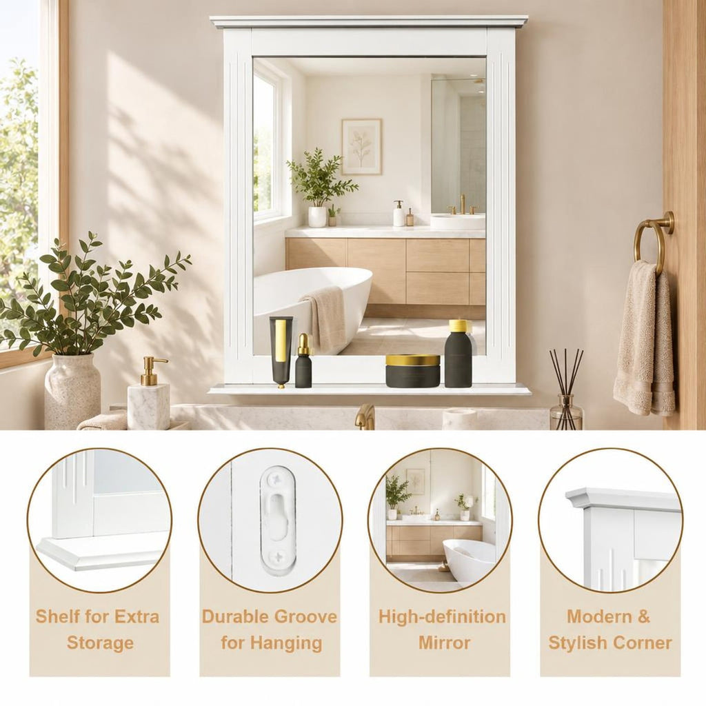 Airfind Wall-Mounted Multipurpose Vanity Mirror with Shelf, MDF Frame, 22.5 x 5 x 27 Footprint, White