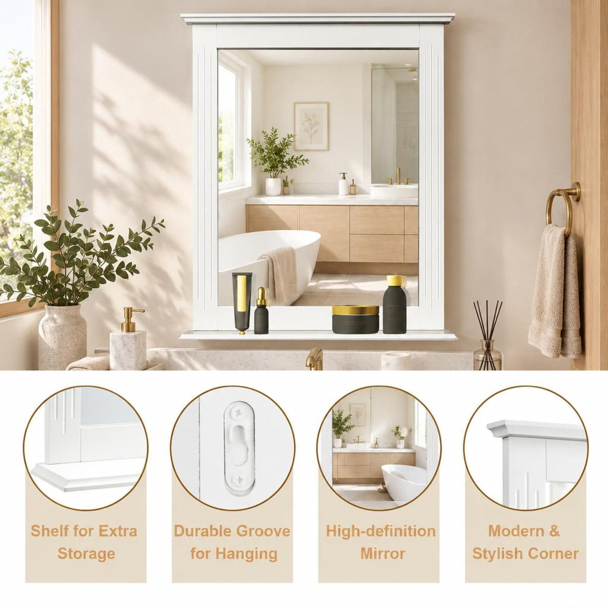 Airfind Wall-Mounted Multipurpose Vanity Mirror with Shelf, MDF Frame, 22.5 x 5 x 27 Footprint, White