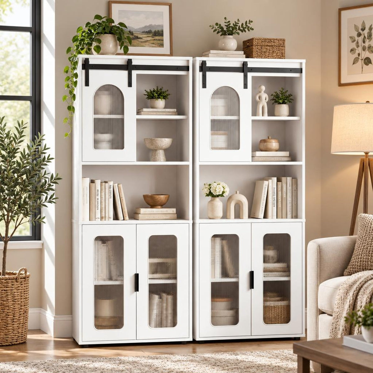 Airfind Farmhouse Bathroom Floor Cabinet featuring Sliding Barn Door, 44 lbs Capacity, Engineered Wood Frame, 23.5 Inch x 12 Inch x 59 Inch Footprint, White