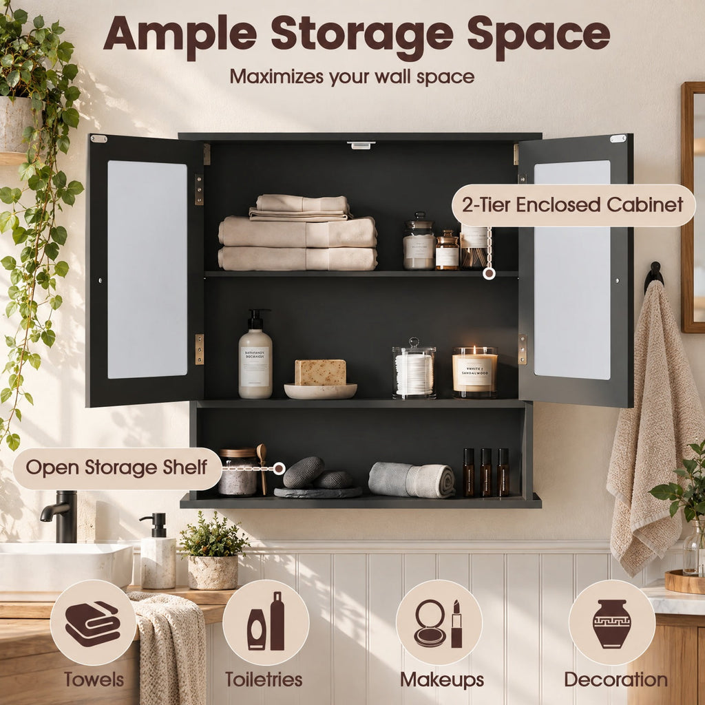 Airfind Double Door Wall-Mounted Bathroom Mirror Cabinet with Storage Shelf, 44 lbs Capacity, Engineered Wood Frame, 20in x 3.5in x 16in Footprint
