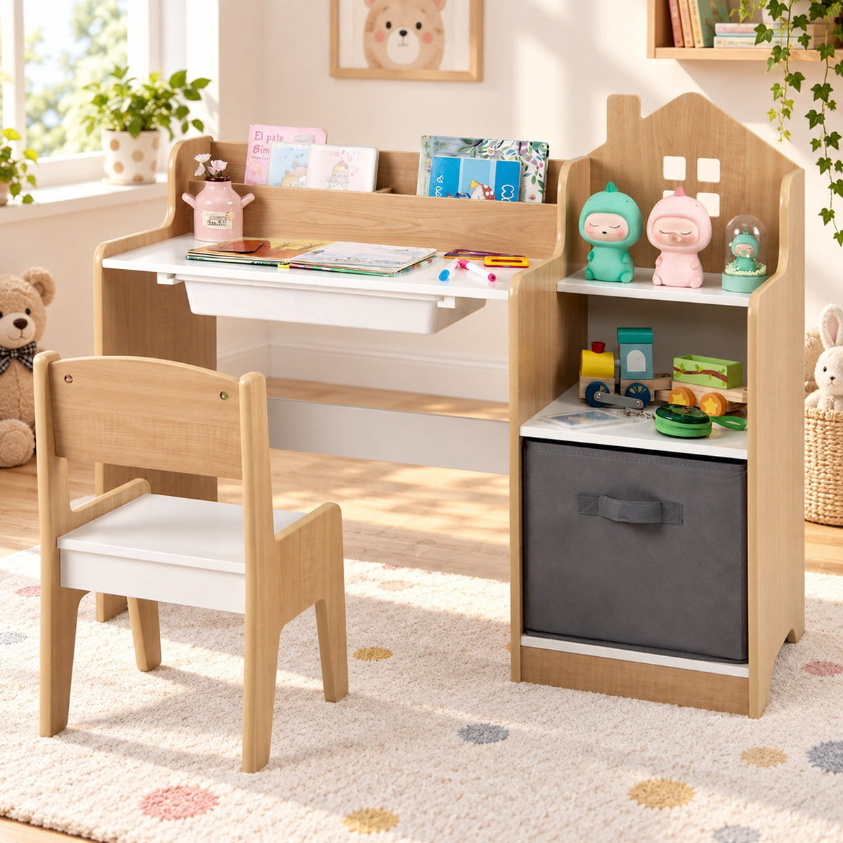 Airfind Kids Study Desk and Chair Set with Open Shelves Drawer and Fabric Storage Bin, 44 lbs Capacity, MDF Non-woven Fabric Desk Frame, Natural