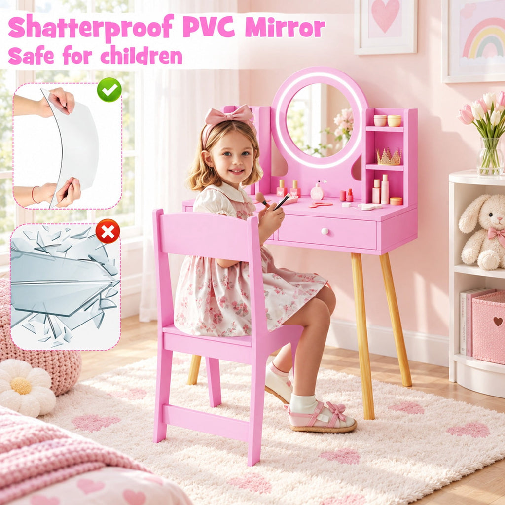 Airfind Youth Vanity Set featuring Lighted Mirror and Storage Drawers, 110 lbs Capacity, Engineered Wood Frame, for 3+ Years Old, Pink