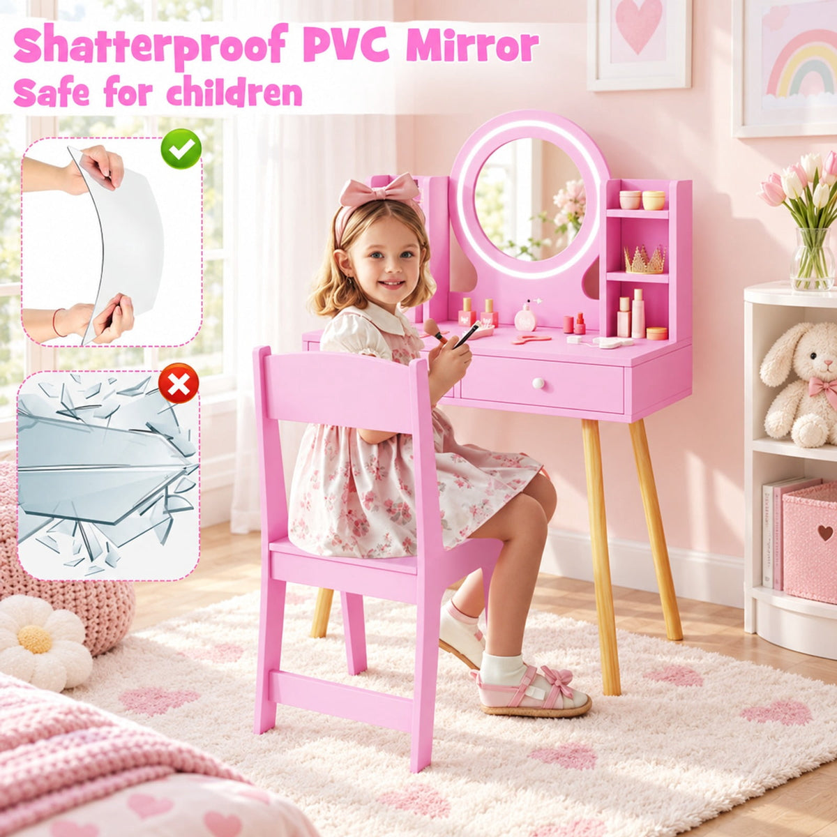 Airfind Youth Vanity Set featuring Lighted Mirror and Storage Drawers, 110 lbs Capacity, Engineered Wood Frame, for 3+ Years Old, Pink