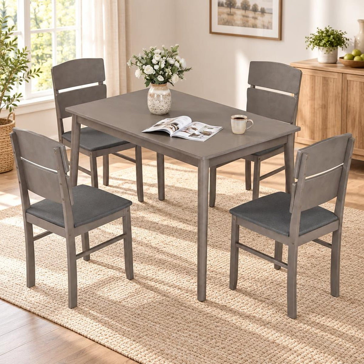 Airfind 5-Piece Dining Set featuring High Curved Backs for 4 People, 175 lbs Capacity, Rubber Wood MDF Plywood Polyester Fabric Sponge Frame, Gray
