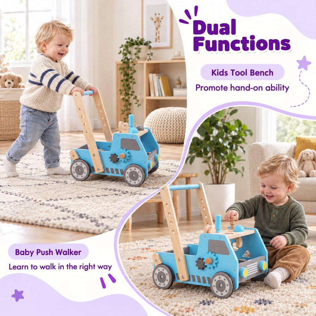 Airfind 2-in-1 Wooden Baby Walker with Adjustable Speed and Bottom Storage, MDF Frame, for 3+ Years Old, 16in x 12.5in x 16.5in Footprint, Blue