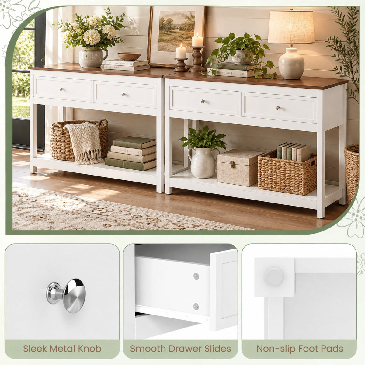 Airfind Farmhouse Console Table Entryway Sofa Table Featuring 2 Drawers and Open Storage Shelf for Living Room, 165 Lb Capacity, White