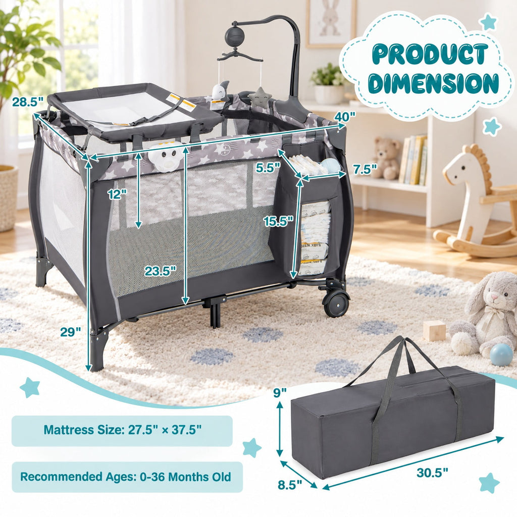 Airfind Portable Baby Playard with Changing Table Bassinet and Music Box, Oxford Cloth Sponge Iron PP Basic Baby Playard Frame, for 0-3 years old