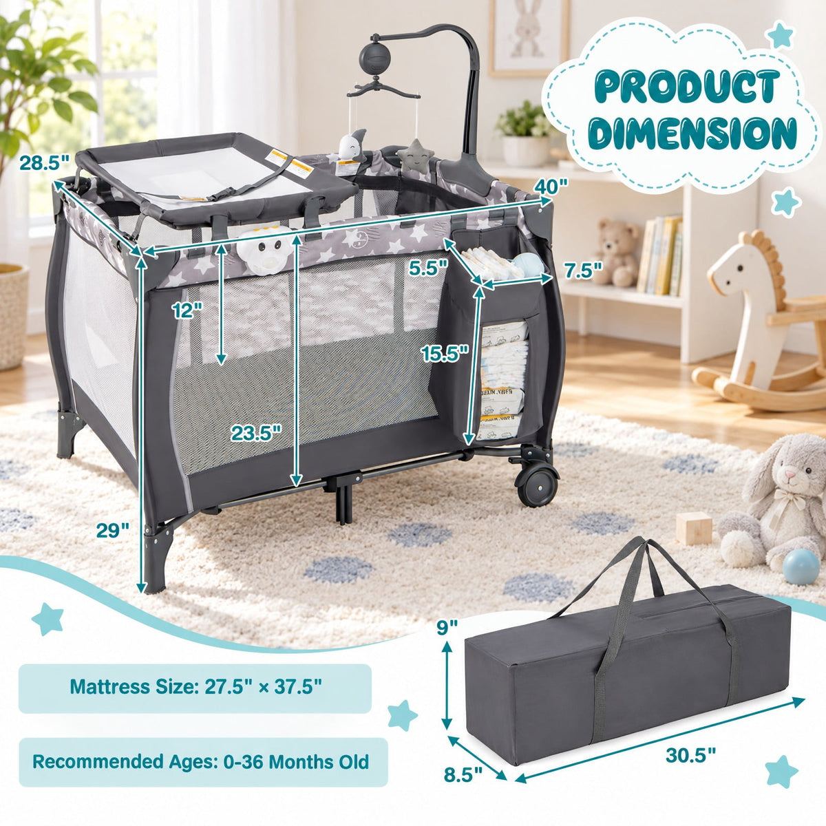 Airfind Portable Baby Playard with Changing Table Bassinet and Music Box, Oxford Cloth Sponge Iron PP Basic Baby Playard Frame, for 0-3 years old