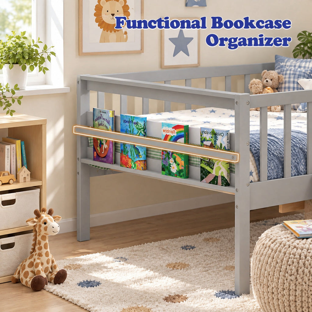 Airfind Twin Daybed with Fence and 2 Drawers Kids Bed for Boys Girls, 200 lbs Capacity, Pine Wood MDF Engineered Wood Plywood Frame, Gray