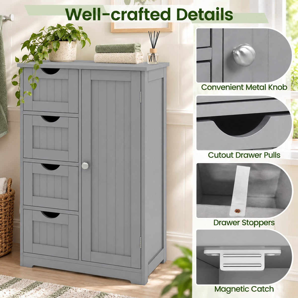 Airfind Standing Indoor Wooden Cabinet, with 4 Drawers, 143 lbs Capacity, MDF Engineered Wood Frame, 21.5 Inch x 12 Inch x 32.5 Inch Footprint, Gray