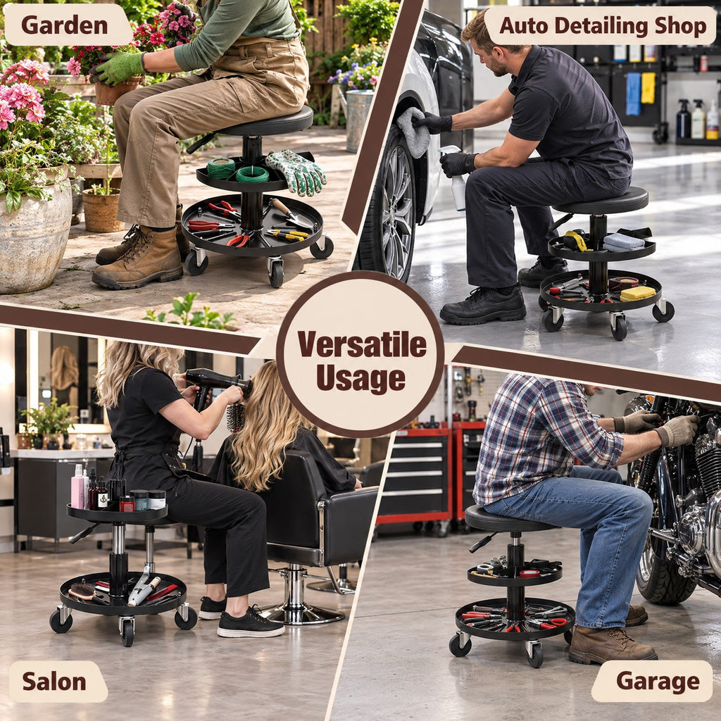 Airfind 16.5-22 Adjustable Height Seat Rolling Mechanic Stool with Wheels, 265 lbs Capacity, PU Leather Frame, 15 x 15 x 16.5-22 Footprint