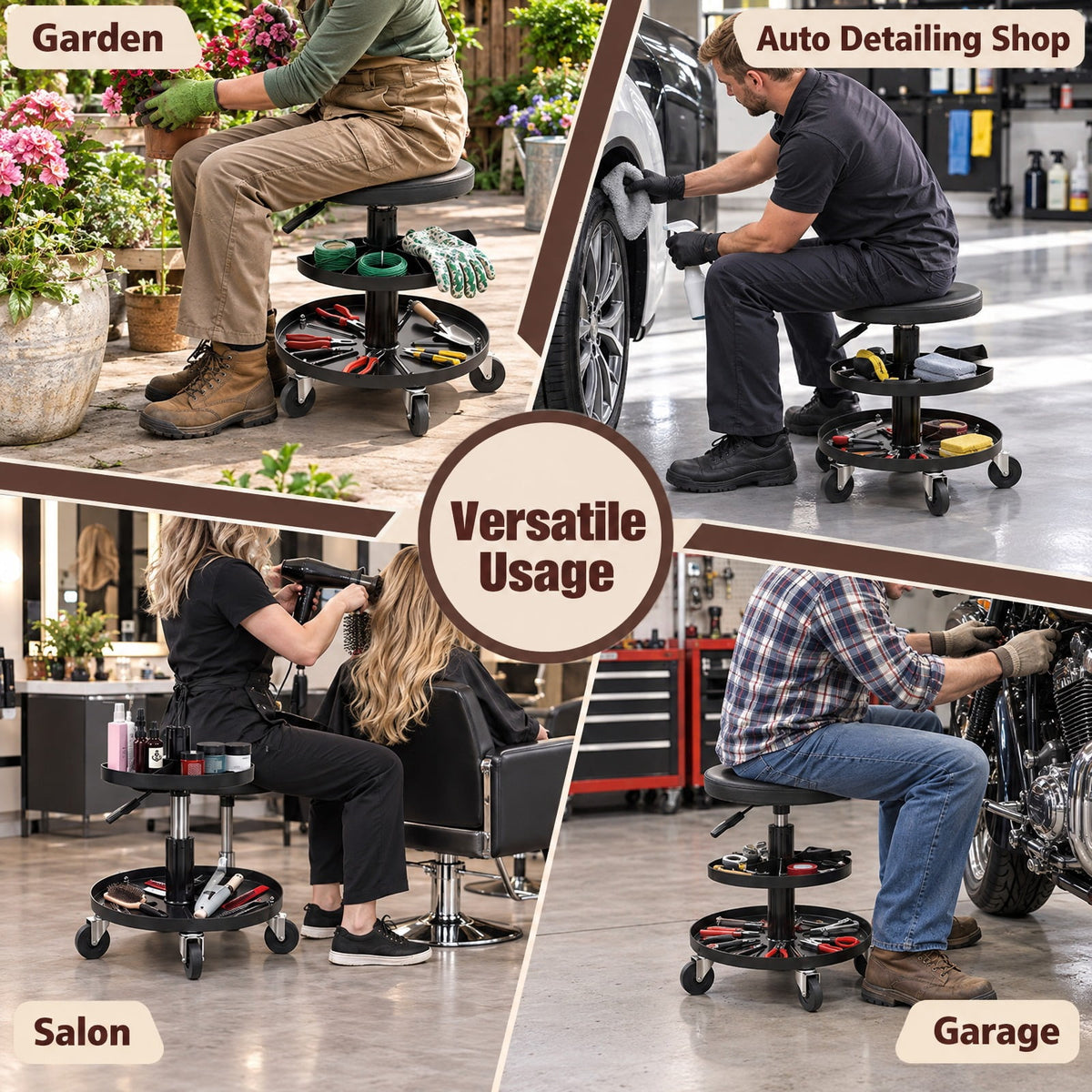 Airfind 16.5-22 Adjustable Height Seat Rolling Mechanic Stool with Wheels, 265 lbs Capacity, PU Leather Frame, 15 x 15 x 16.5-22 Footprint