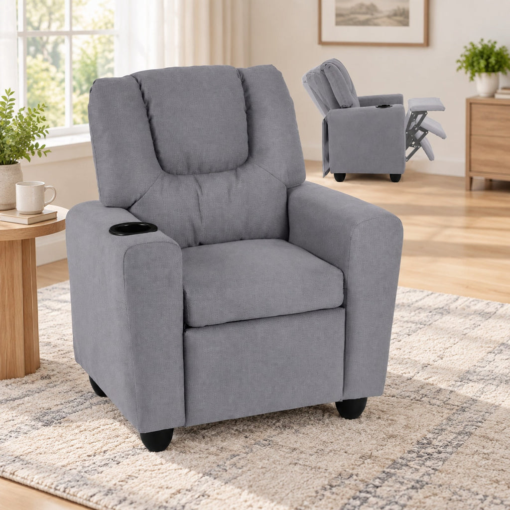Airfind Kids Recliner Chair Push Back Toddler Reclining Armchair with Cup Holder, 150 lbs Capacity, Wood Frame, for 3+ years old, Gray