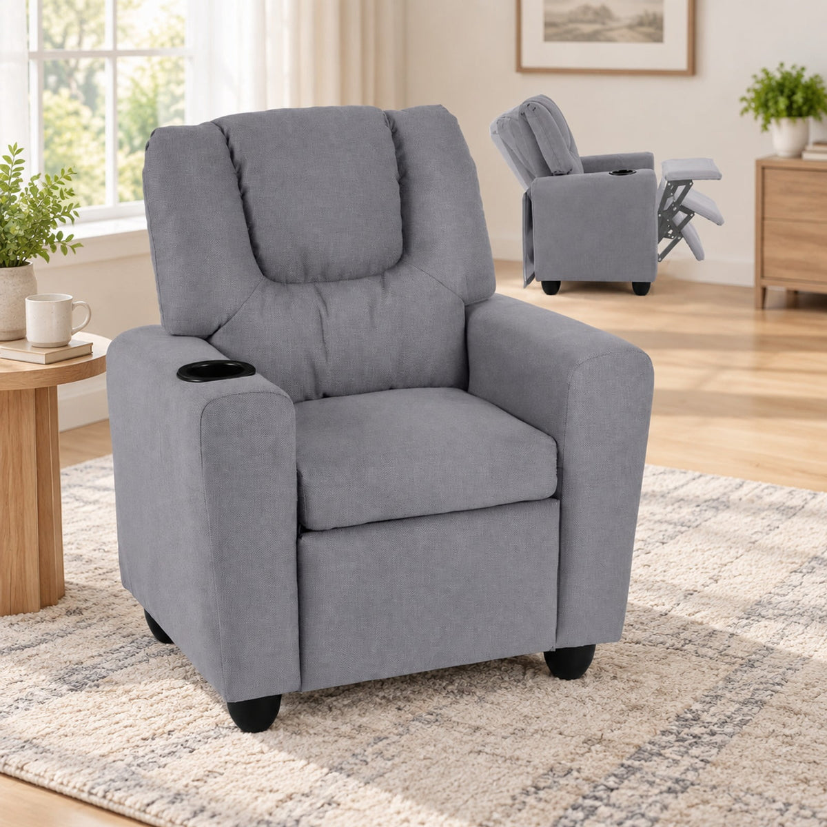Airfind Kids Recliner Chair Push Back Toddler Reclining Armchair with Cup Holder, 150 lbs Capacity, Wood Frame, for 3+ years old, Gray