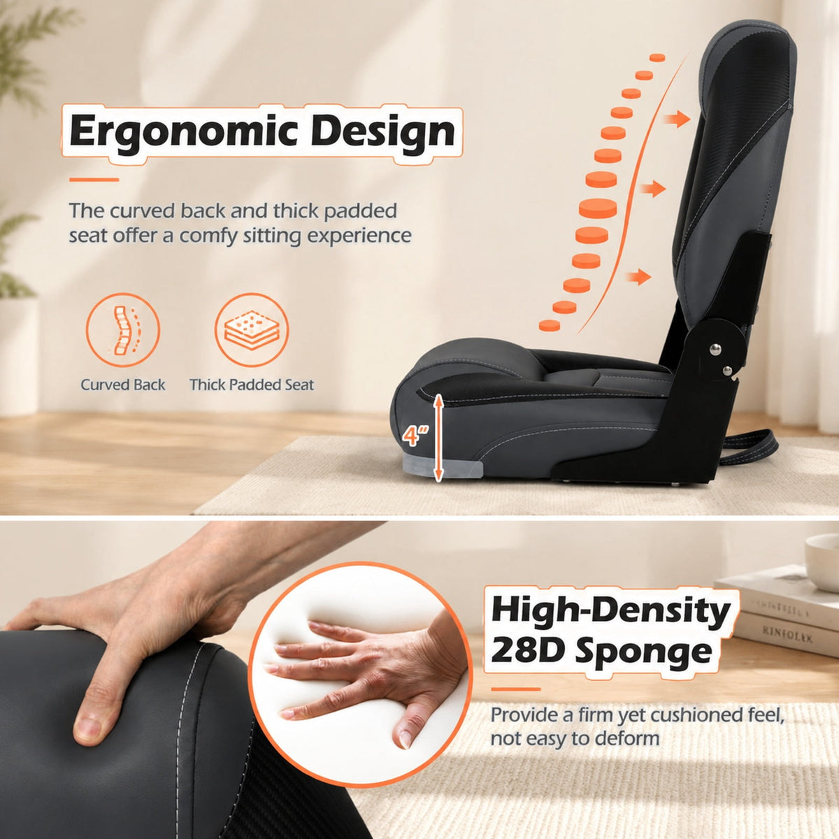Airfind 3 Pack Folding Boat Seats with High Back and Low Back Chairs and 28D Sponge Padding for Fishing Boats and Marine Cabin Seating, Black