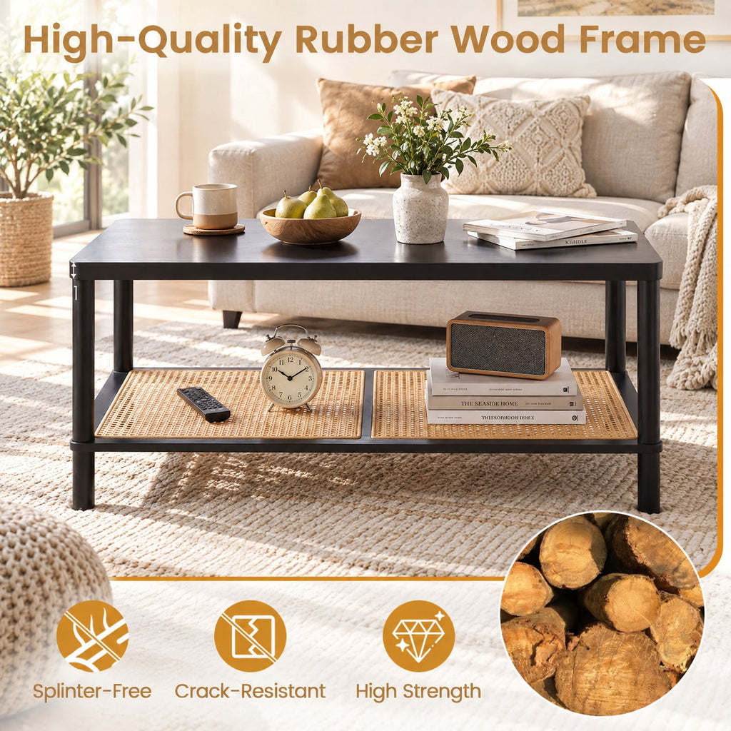 Airfind 2-Tier Boho Coffee Table for Living Room Rectangular Center Table with Rubber Wood Frame and PVC Rattan Storage Shelf, 185 lbs Capacity