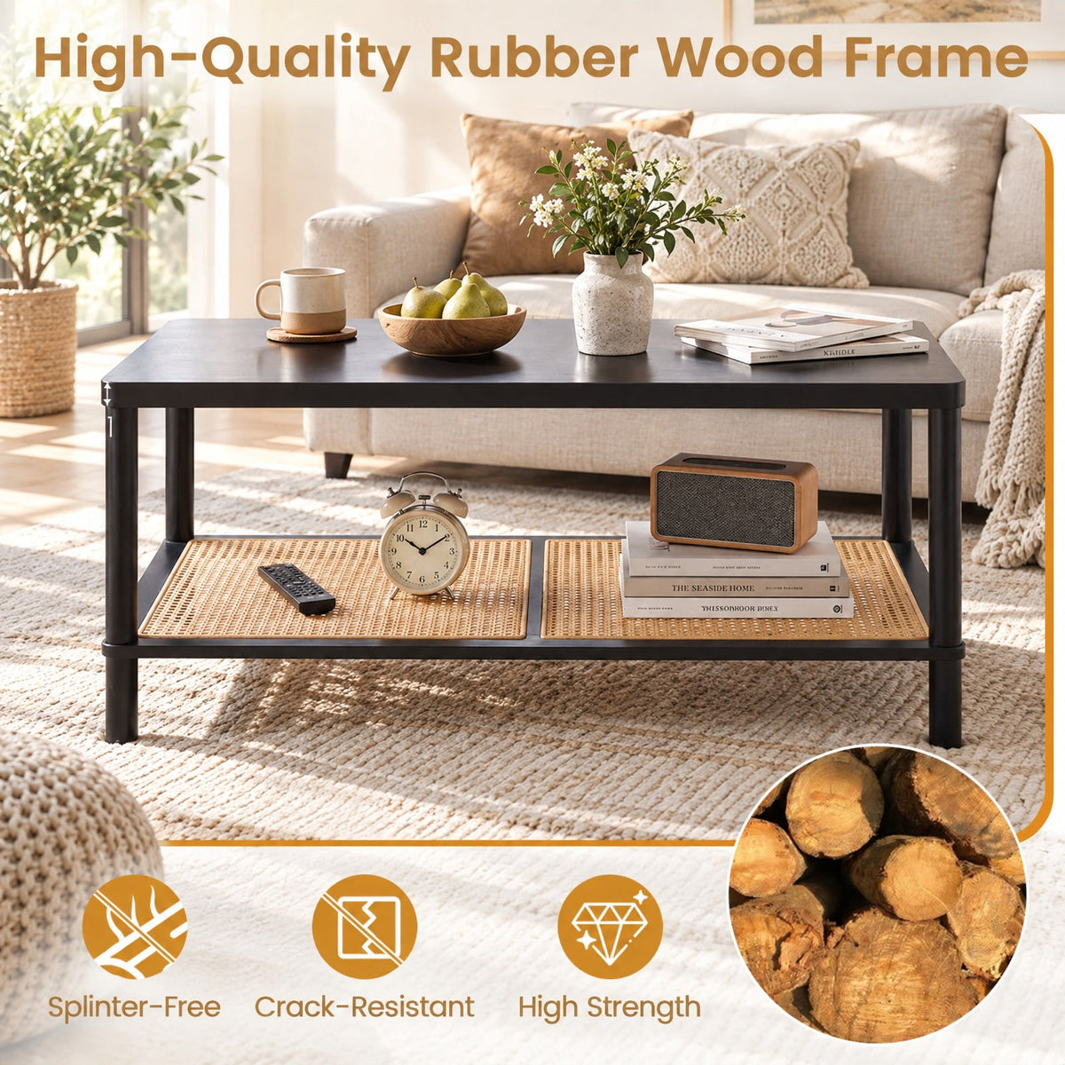 Airfind 2-Tier Boho Coffee Table for Living Room Rectangular Center Table with Rubber Wood Frame and PVC Rattan Storage Shelf, 185 lbs Capacity