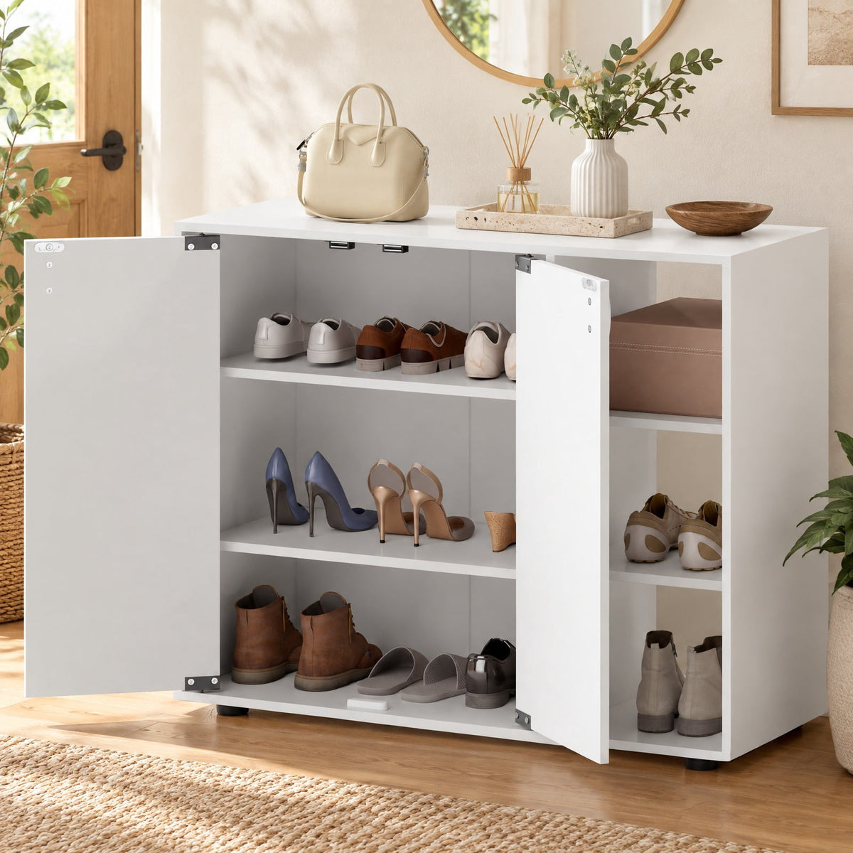 Airfind 3-Tier Shoe Cabinet with Doors with Adjustable Open Shelves for Entryway, 90 lbs Capacity, MDF Engineered Wood Frame, White