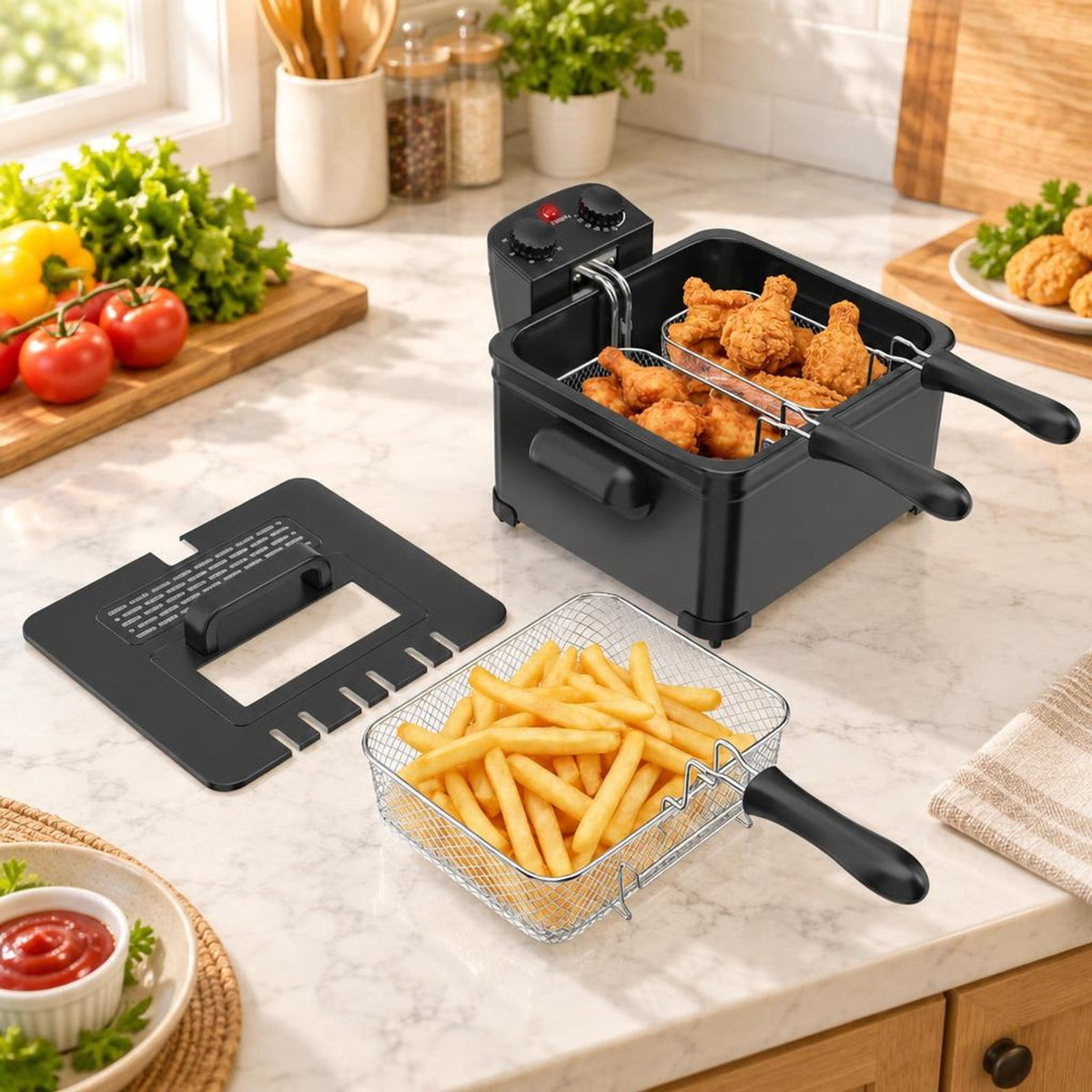 Airfind Electric Deep Fryer 5.3QT/21-Cup Stainless Steel 1700W featuring Triple Basket, Stainless Steel Iron Frame, 12 Inch x 11 Inch x 8.5 Inch Footprint, Black