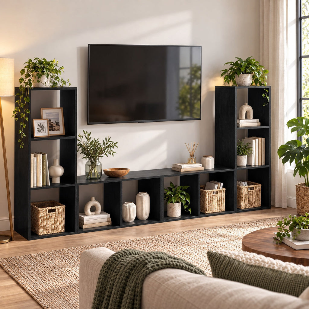 Airfind 2 Cube Bookshelf with Back Guardrail for Living Room Bedroom, Engineered Wood Frame, 14 Inch x 13 Inch x 27.5 Inch Depth of Bottom Shelf 12 Inch Footprint