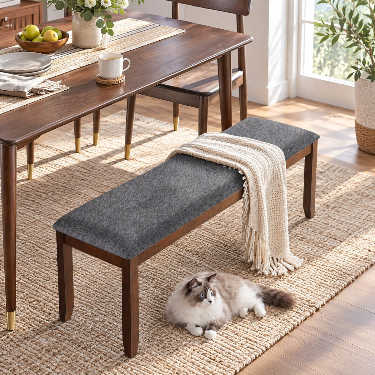 Airfind Upholstered Entryway Bench Footstool with Wood Legs, Rubber wood linen fabric foam Frame, 47inx 15.5inx 19.5in Footprint, Wood