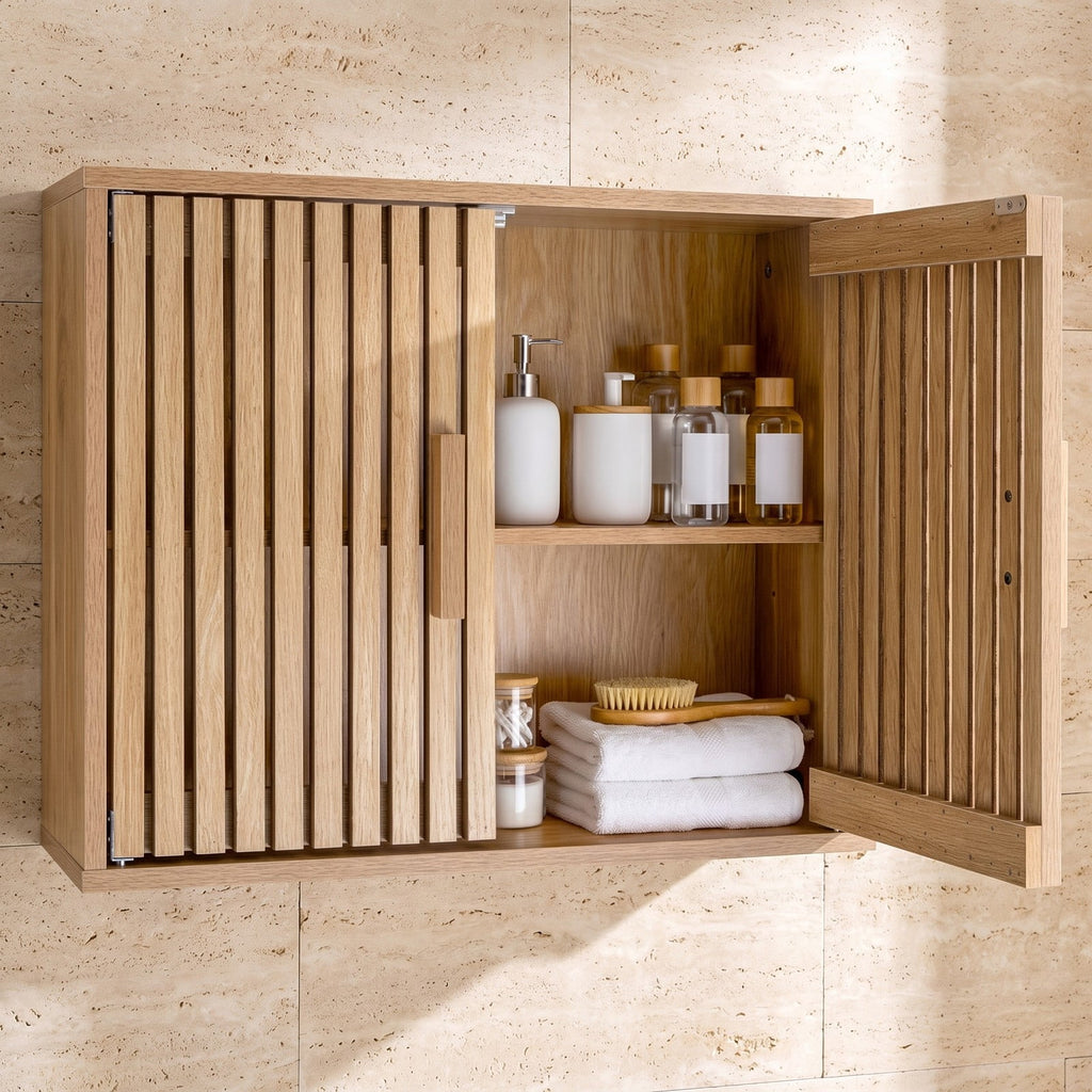 Airfind Bathroom Wall Cabinet with 2 Slatted Doors and 3-Level Adjustable Shelves, 22 lbs Capacity, Engineered Wood Frame, 24 x 8 x 20 Footprint