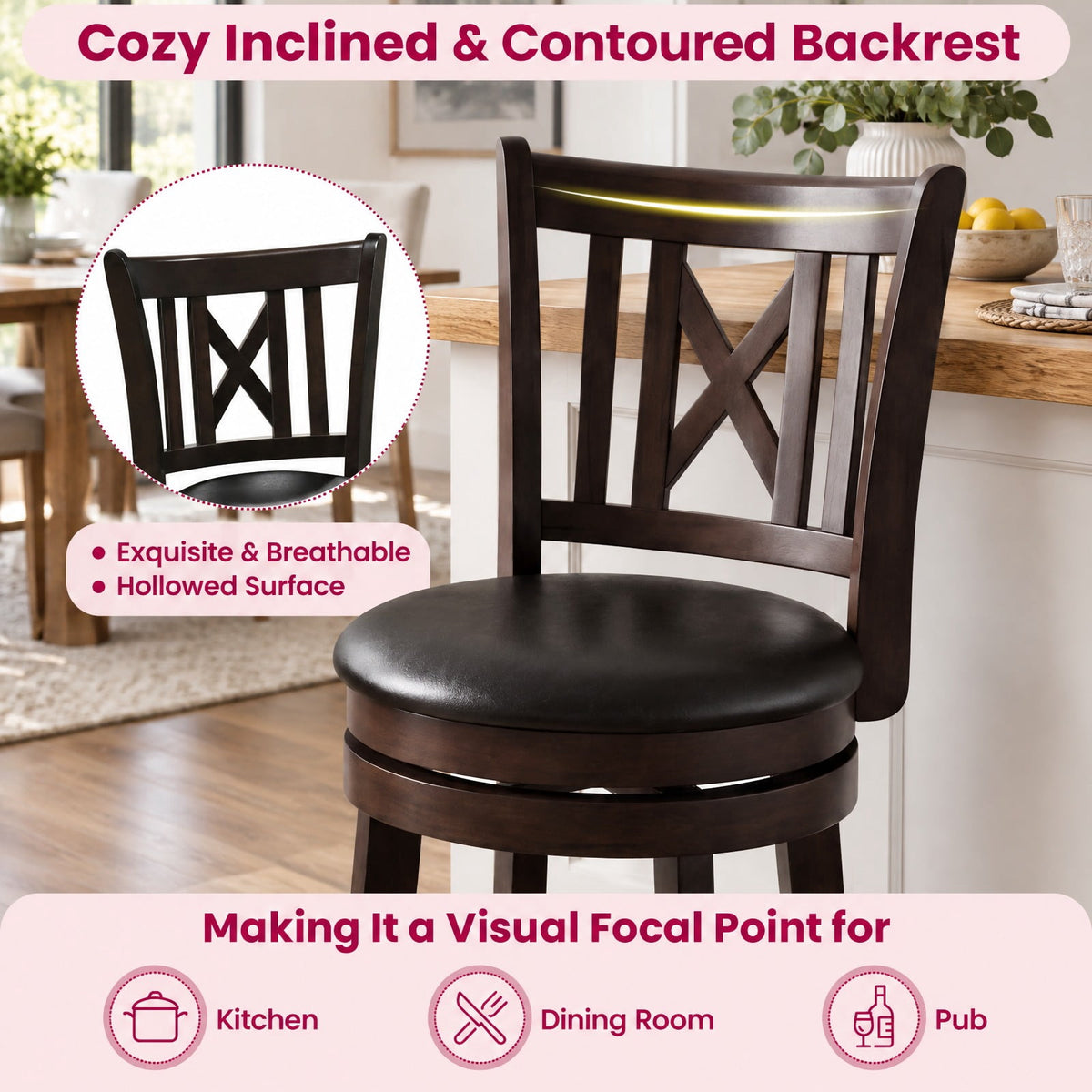 Airfind Set of 4 Bar Stools Swivel Bar Chairs with Hollowed Backrest and Footrest-26 inches, 275 lbs Capacity, 20 Inch x 18 Inch x 39.5 Inch Footprint