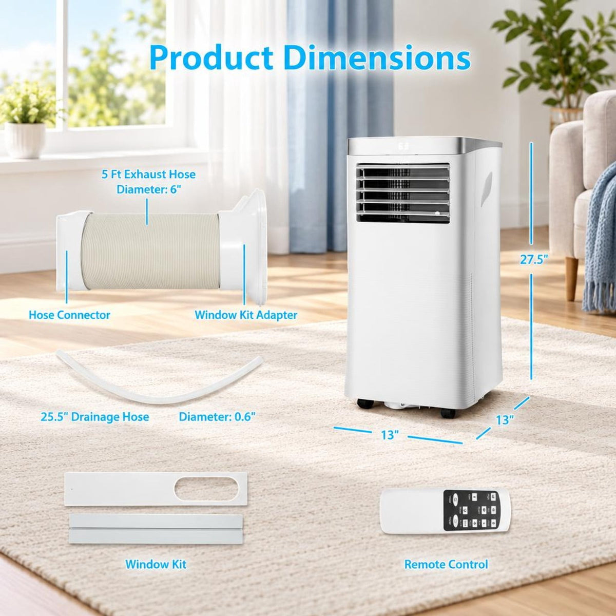 Airfind 8000 BTU 3-in-1 Portable Air Conditioner with Remote Control, 13 x 13 x 27.5 Footprint, White