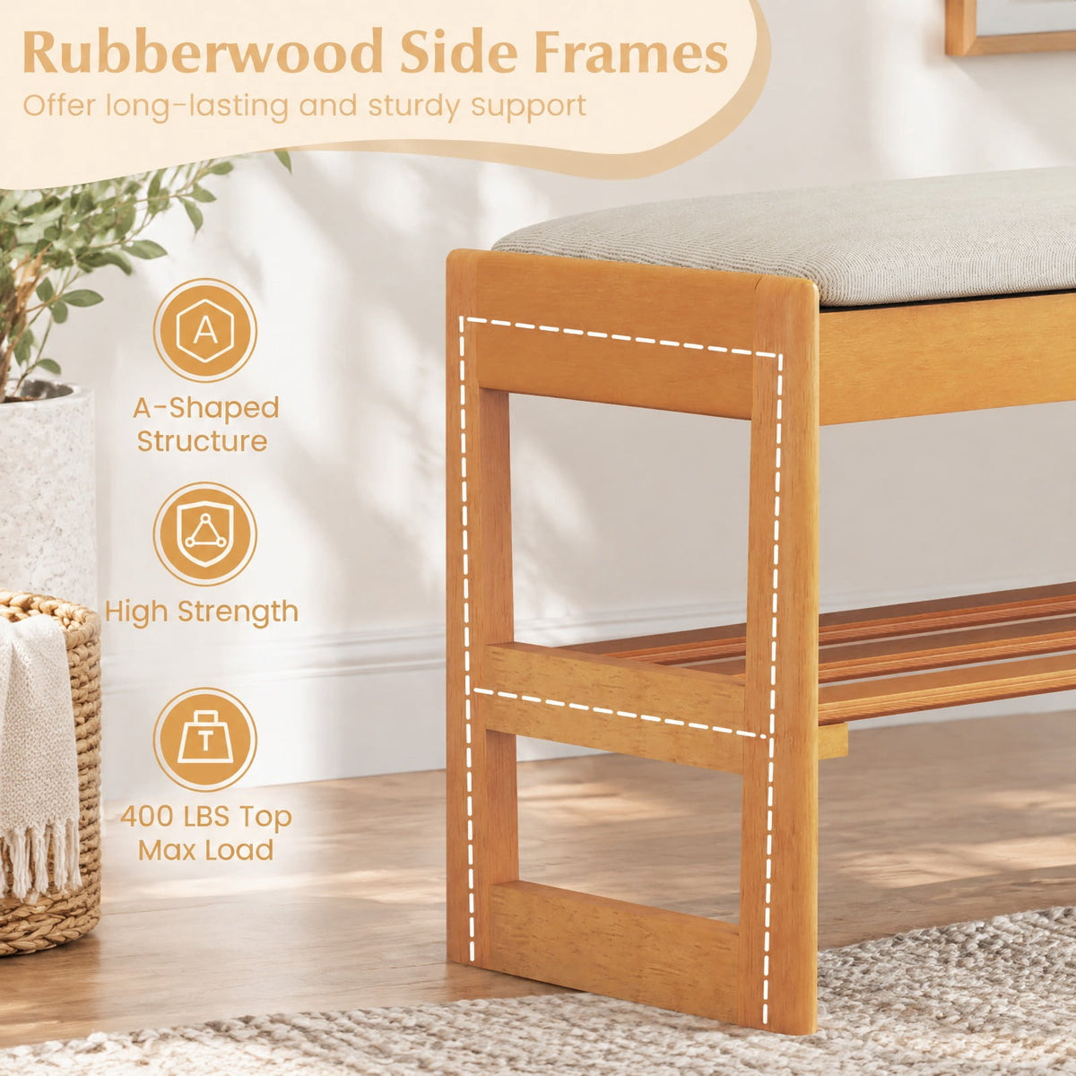 Airfind Shoe Rack Bench with Storage 2-Tier Rubberwood Entryway Bench with Flip-Open Storage, 400 lbs Capacity, 40in x 13.5in x 17in Footprint, Beige