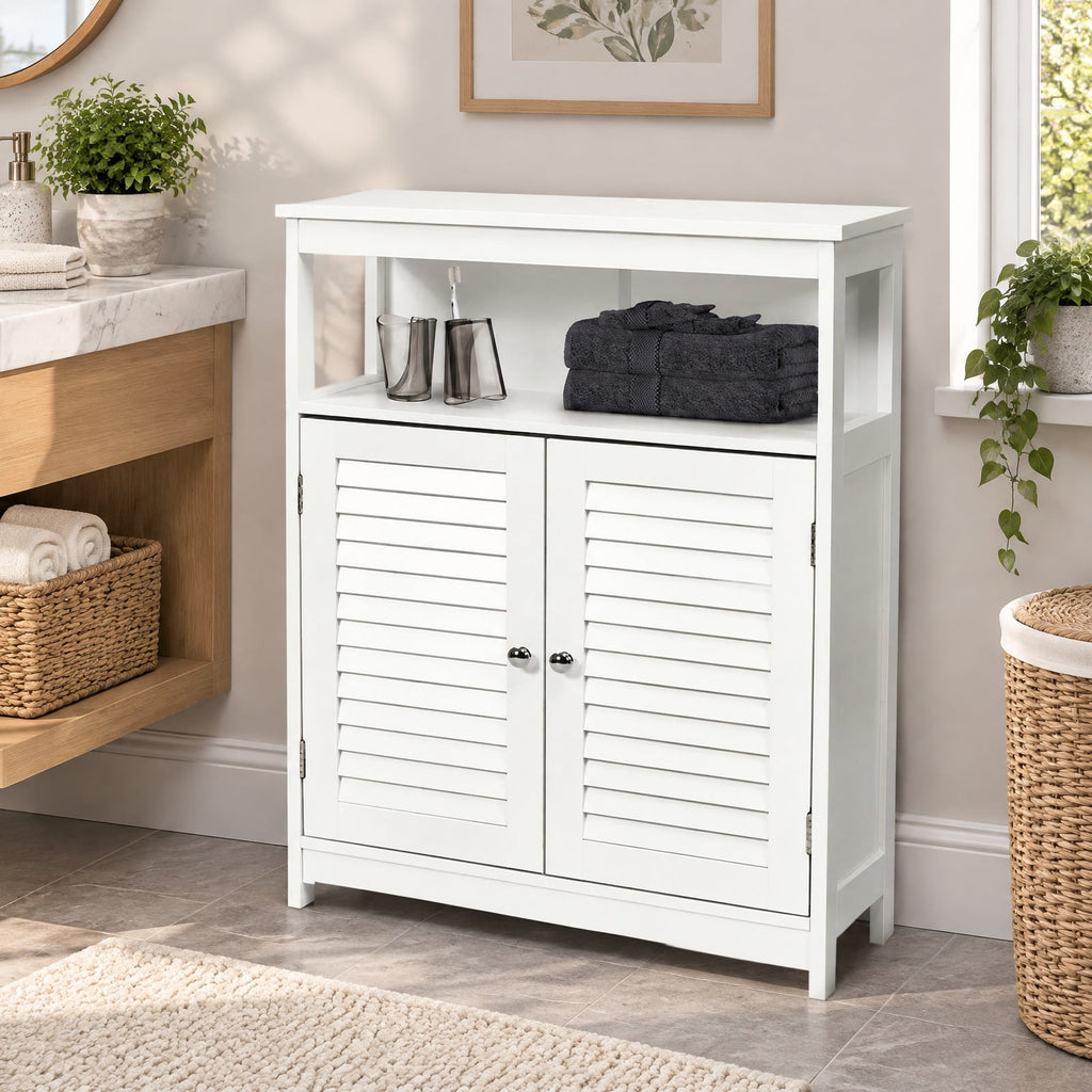 Airfind Wood Freestanding Bathroom Storage Cabinet with Double Shutter Door, 77 lbs Capacity, P2 MDF Frame, 23.5in x 12in x 31.5in Footprint, White