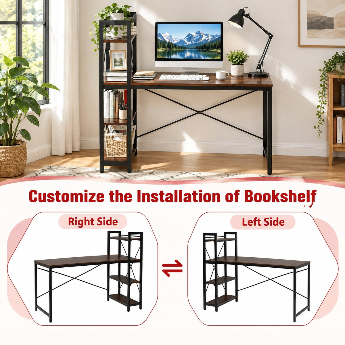 Airfind 47.5 Inch Writing Study Computer Desk with 4-Tier Shelves, P2 MDF Iron Frame, Tan, Product size 47.5in x 24in x 48in (L x W x