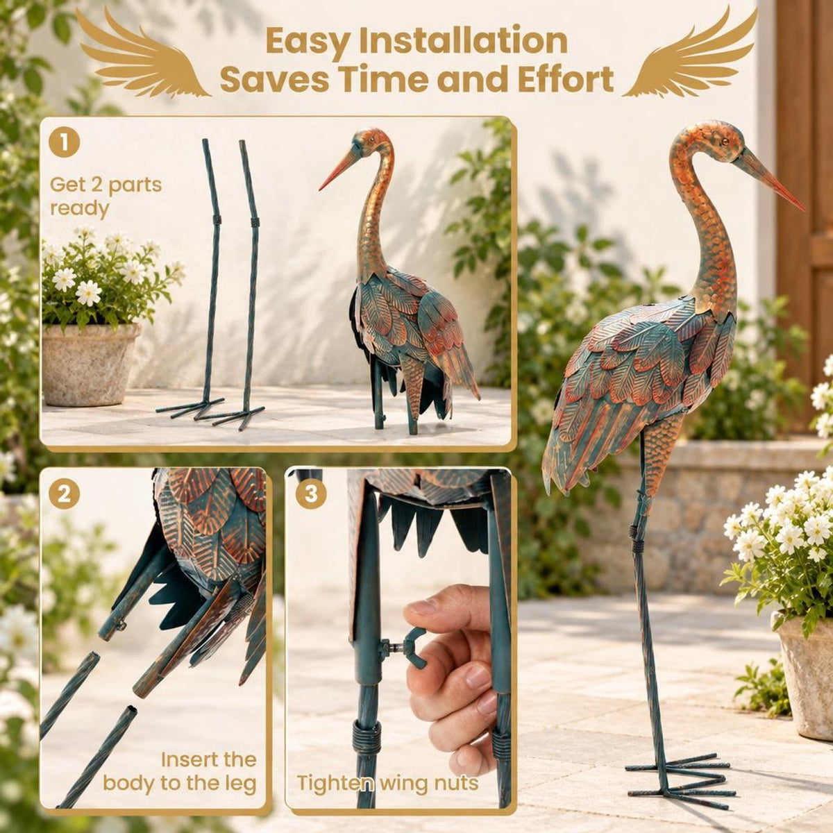 Airfind Set of 2 Crane Garden Statues Standing Metal Crane Sculptures Bird, Metal Frame, 2 standing lawn sculptures in total