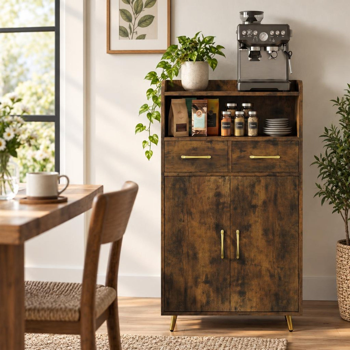 Airfind Bathroom Storage Cabinet Freestanding Floor Cabinet with 2 Drawers and 2 Doors, 44 lbs Capacity, Engineered Wood Metal Frame, Brown